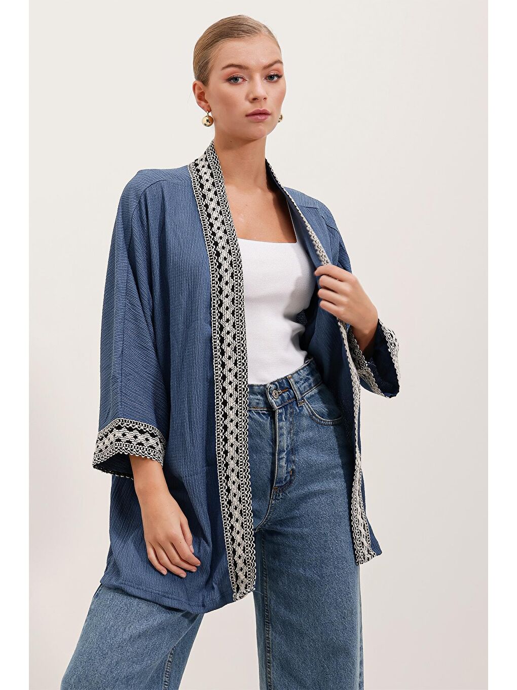 5866 Nakışlı Örme Kimono - İndigo
