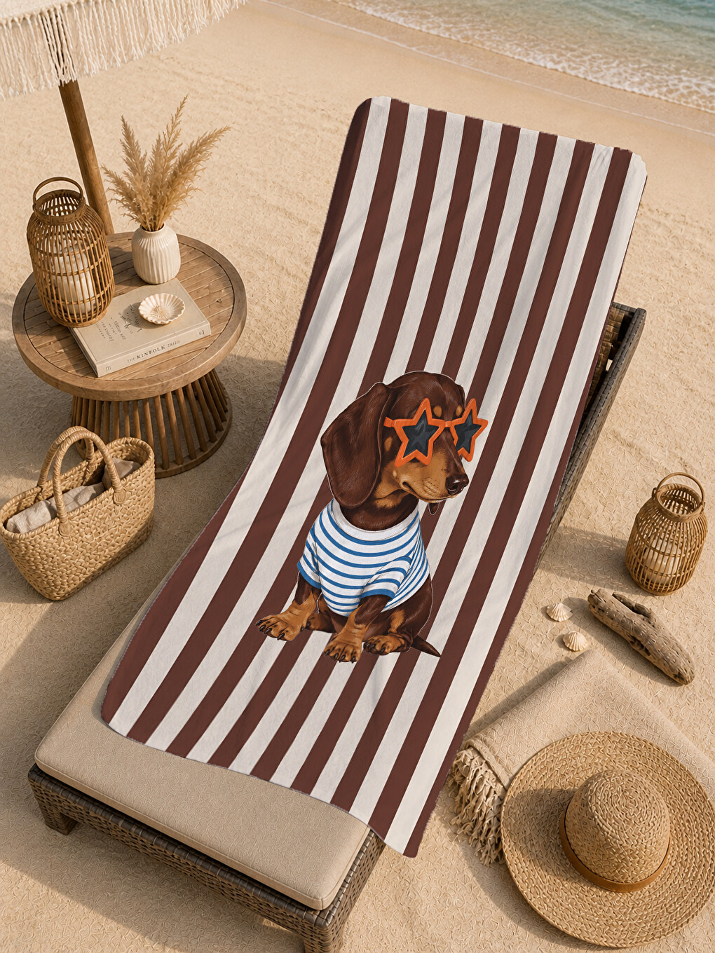 Pembe Retro Gözlüklü Dachshund Köpek Desenli 70x150 Plaj Havlusu - Dijital Baskılı Solmaz Banyo Havlusu-1