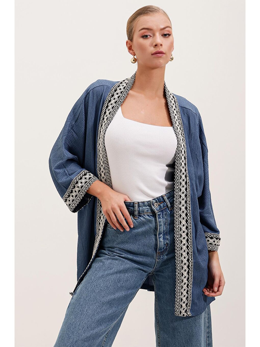 5866 Nakışlı Örme Kimono - İndigo-1