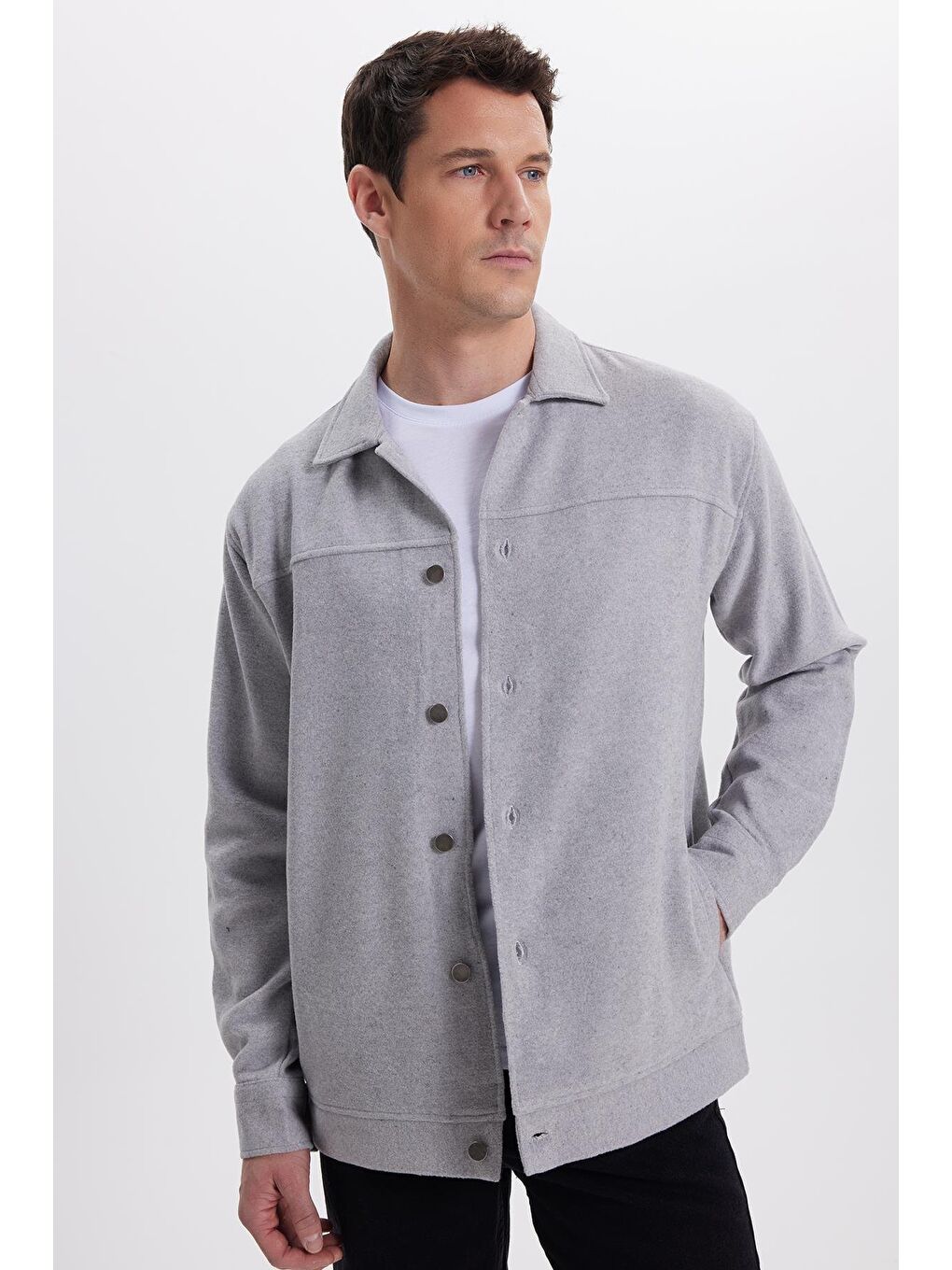 Erkek Relax Fit Rahat Kesim Yandan Flota Cep Oduncu Gri Kaşe Ceket Mont Gömlek-5
