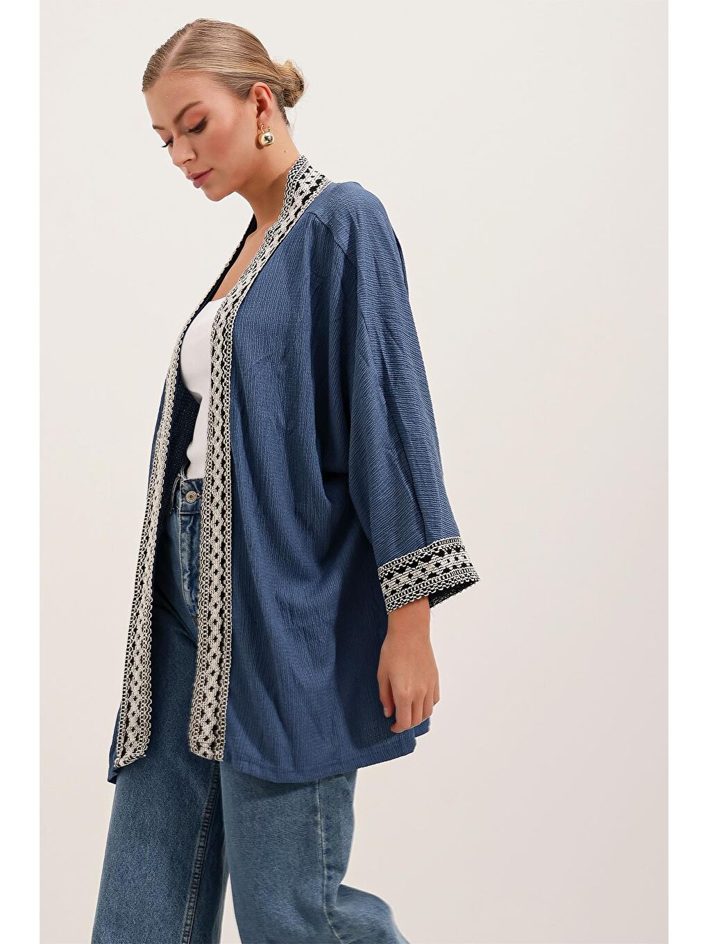 5866 Nakışlı Örme Kimono - İndigo-2
