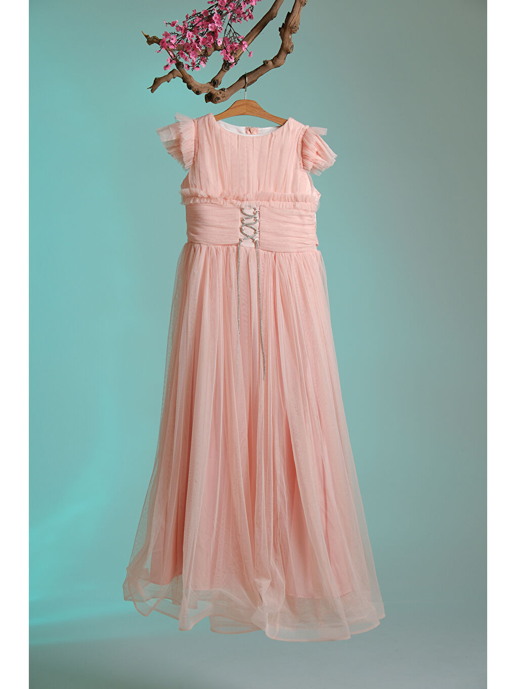 Turuncu Beli İplik Detaylı Fıfır Kollu Kız Çocuk Abiye ABY.3005