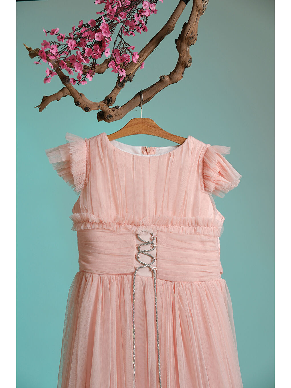 Turuncu Beli İplik Detaylı Fıfır Kollu Kız Çocuk Abiye ABY.3005-1