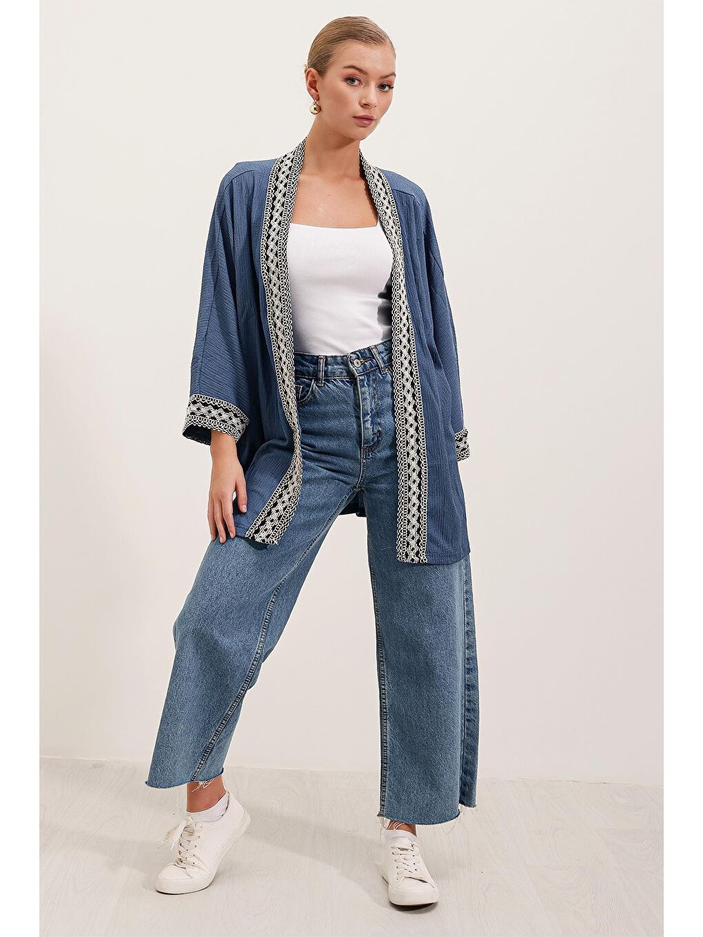 5866 Nakışlı Örme Kimono - İndigo-3