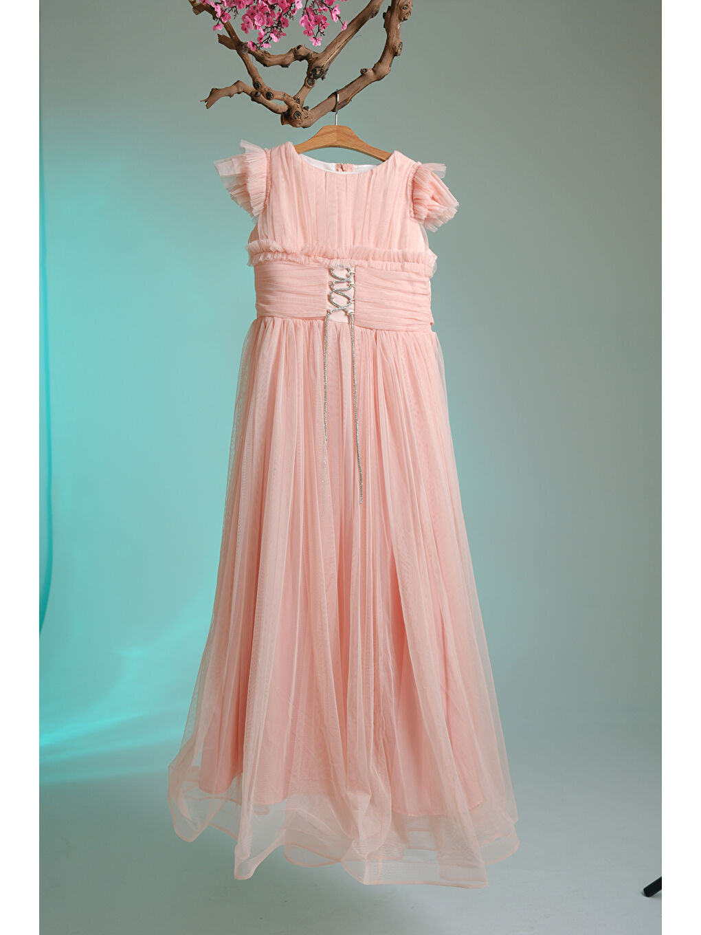 Turuncu Beli İplik Detaylı Fıfır Kollu Kız Çocuk Abiye ABY.3005-2