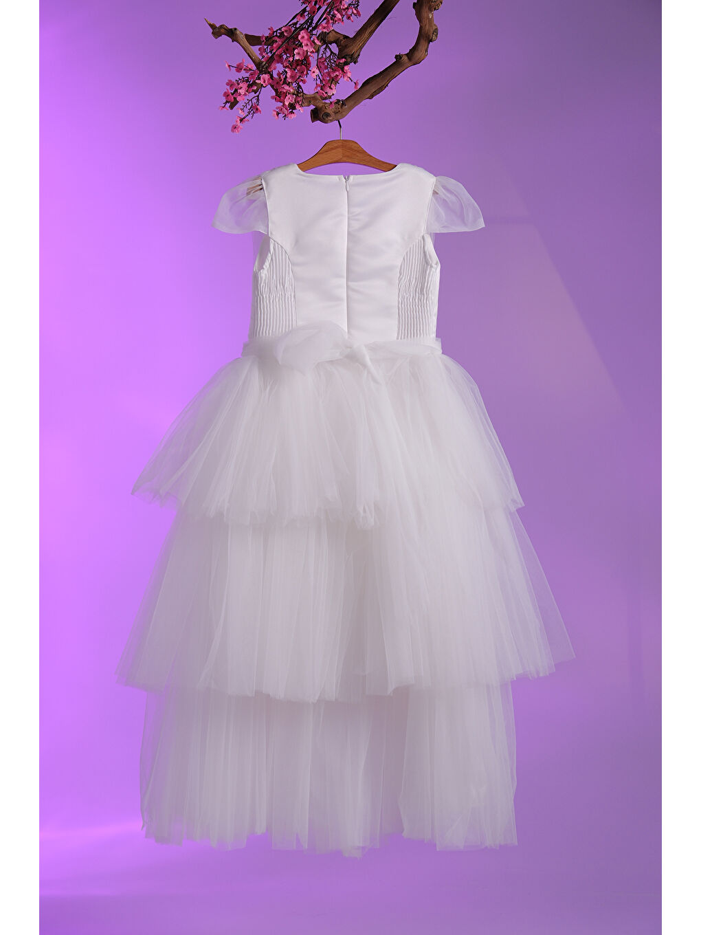 Beyaz İncili Çizgi Detaylı V Yakalı  Kız Çocuk Abiye ABY.2216-1