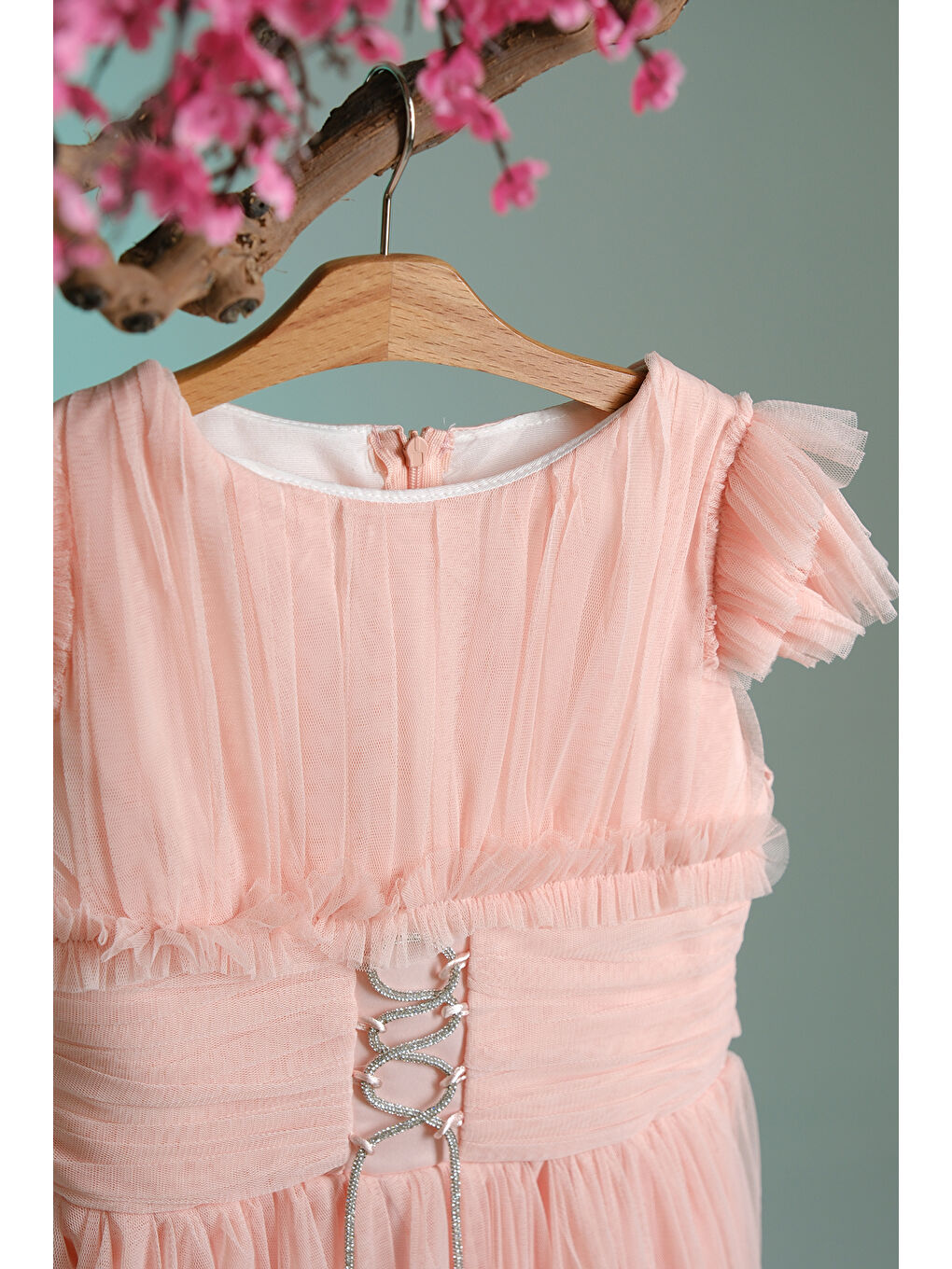 Turuncu Beli İplik Detaylı Fıfır Kollu Kız Çocuk Abiye ABY.3005-3