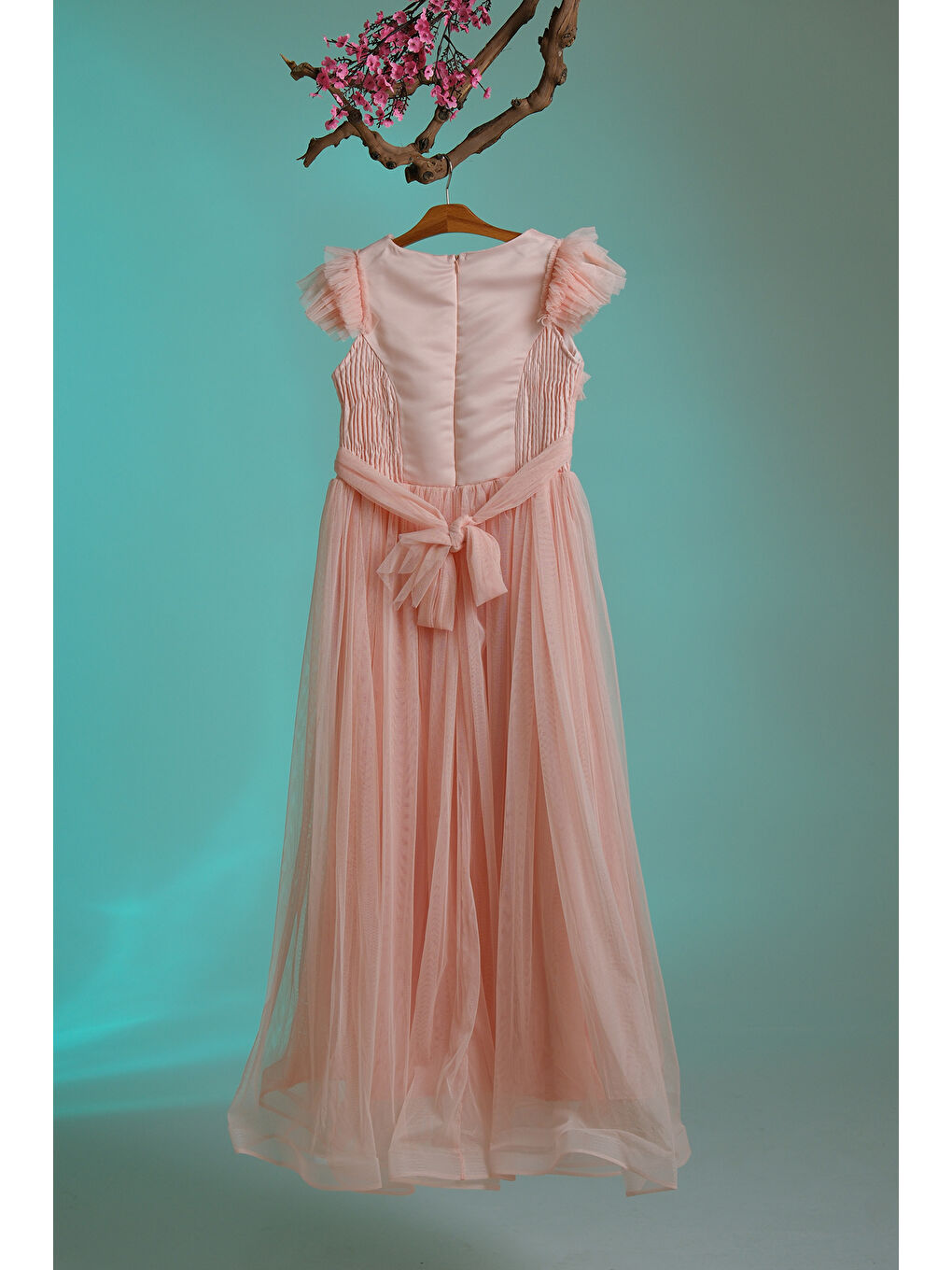 Turuncu Beli İplik Detaylı Fıfır Kollu Kız Çocuk Abiye ABY.3005-4