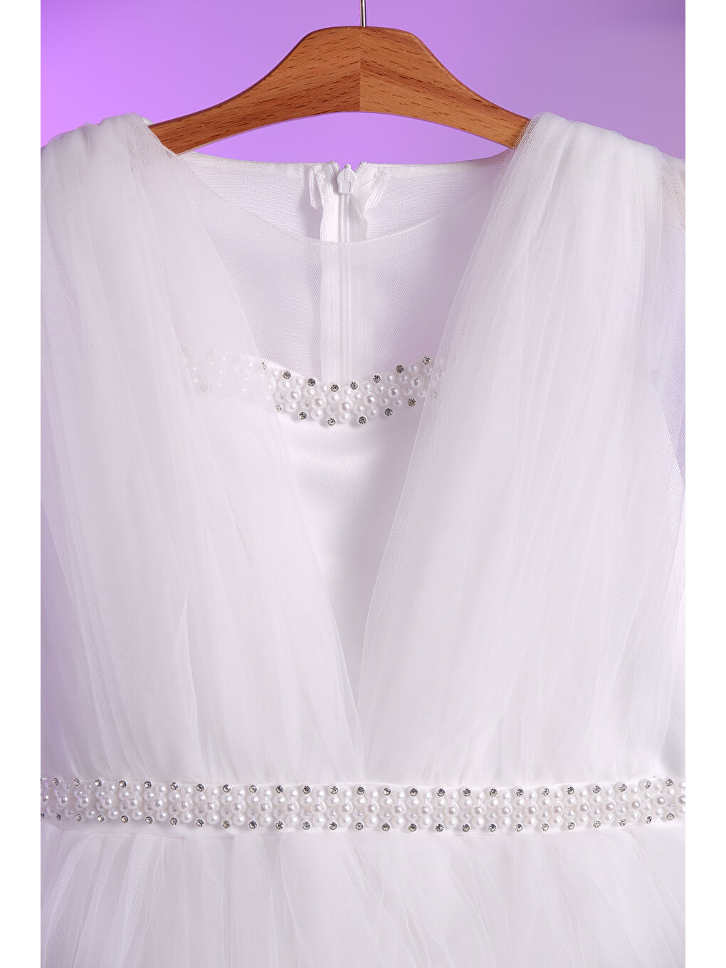 Beyaz İncili Çizgi Detaylı V Yakalı  Kız Çocuk Abiye ABY.2216-3