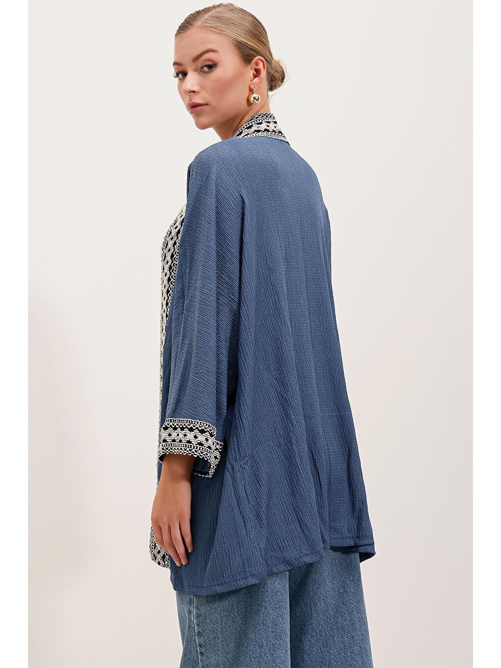 5866 Nakışlı Örme Kimono - İndigo-4