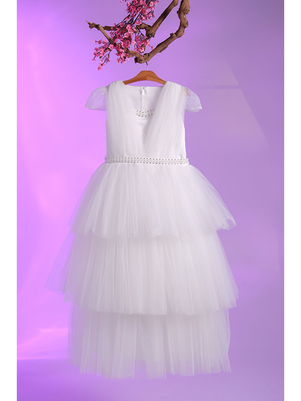 Beyaz İncili Çizgi Detaylı V Yakalı  Kız Çocuk Abiye ABY.2216-5