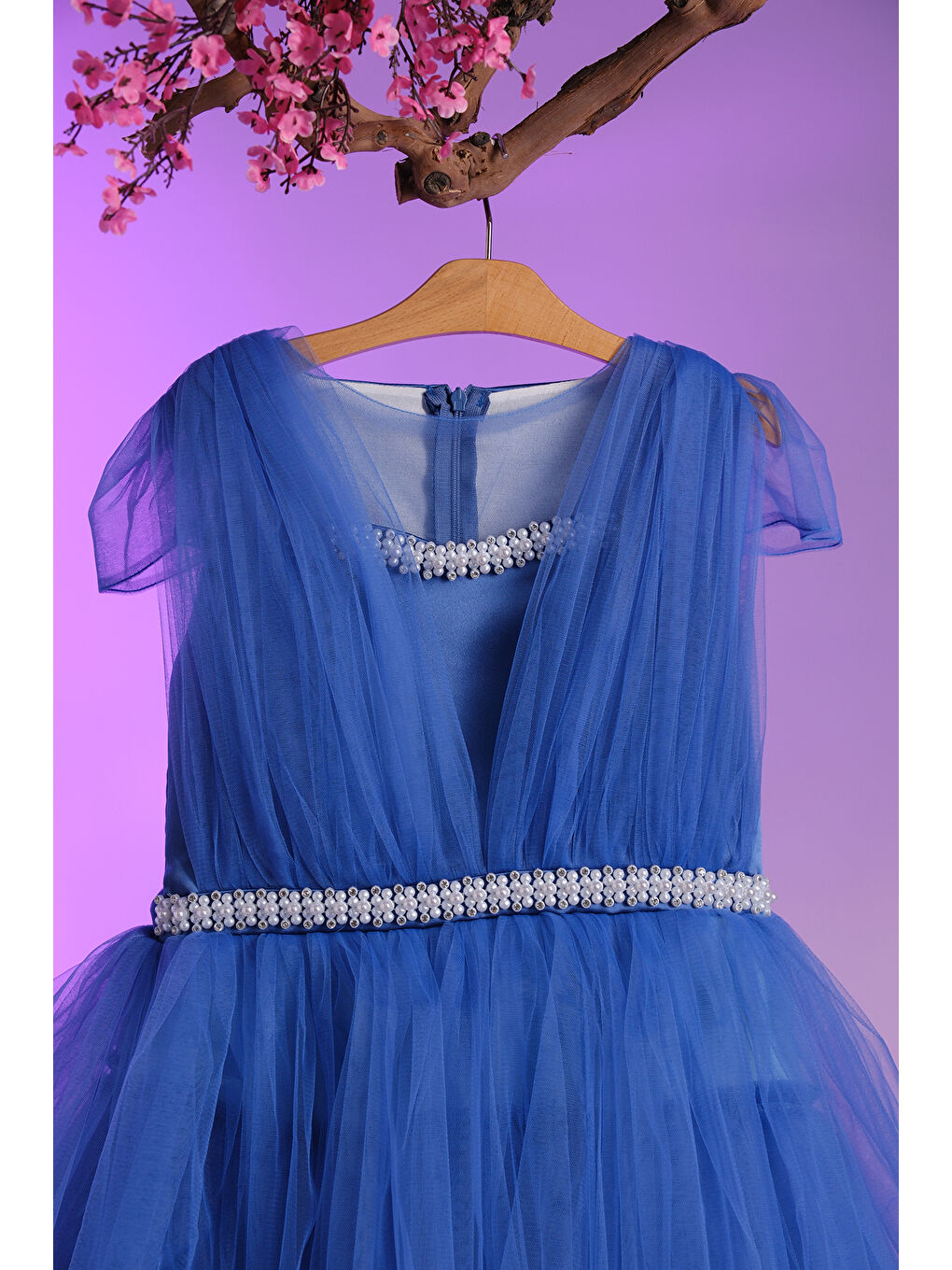 Turkuaz İncili Çizgi Detaylı V Yakalı  Kız Çocuk Abiye ABY.2216-1