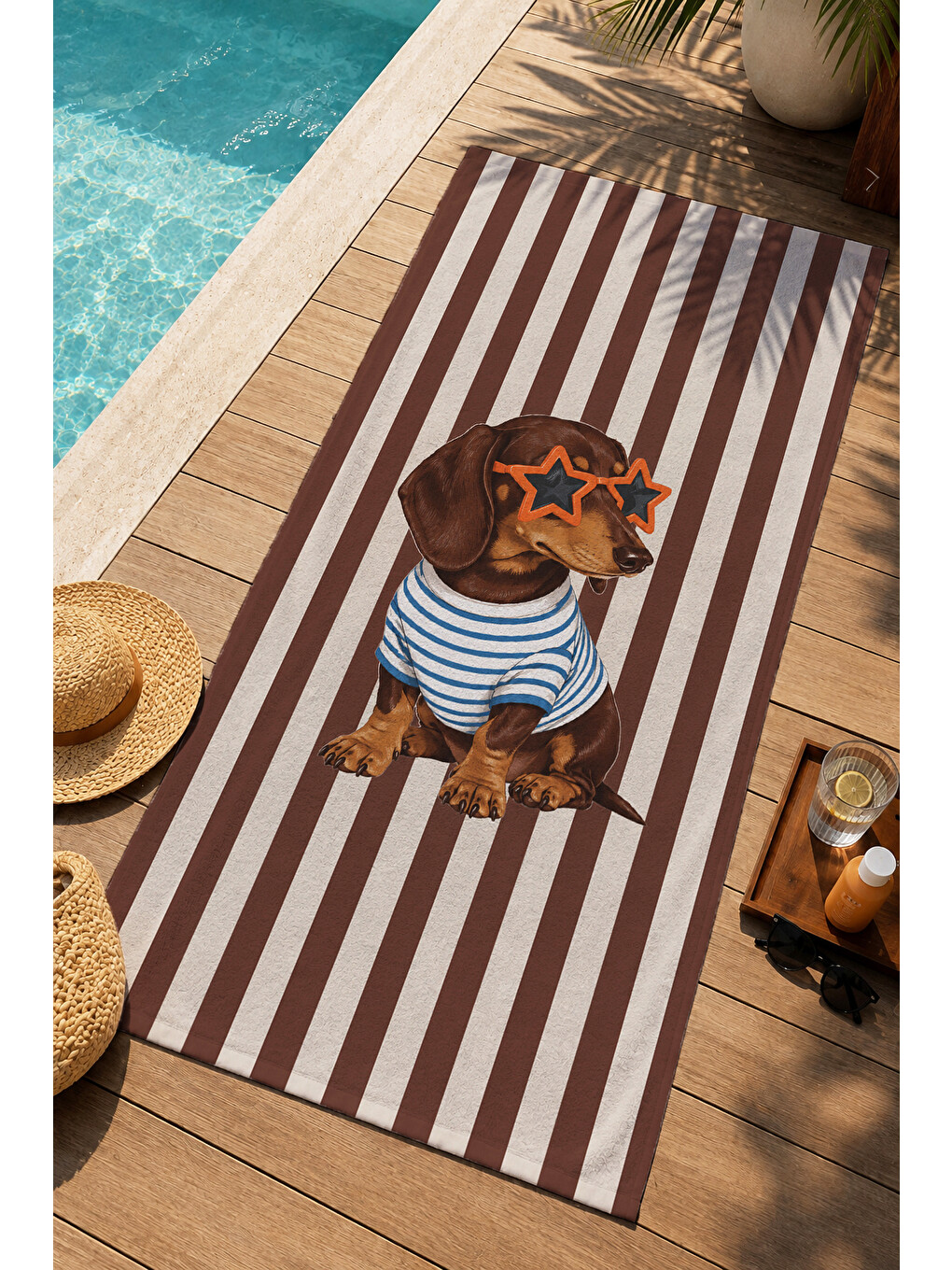 Pembe Retro Gözlüklü Dachshund Köpek Desenli 70x150 Plaj Havlusu - Dijital Baskılı Solmaz Banyo Havlusu-3