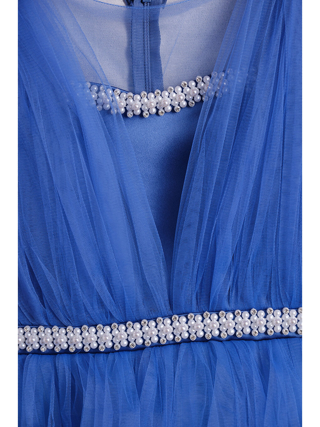 Turkuaz İncili Çizgi Detaylı V Yakalı  Kız Çocuk Abiye ABY.2216-2