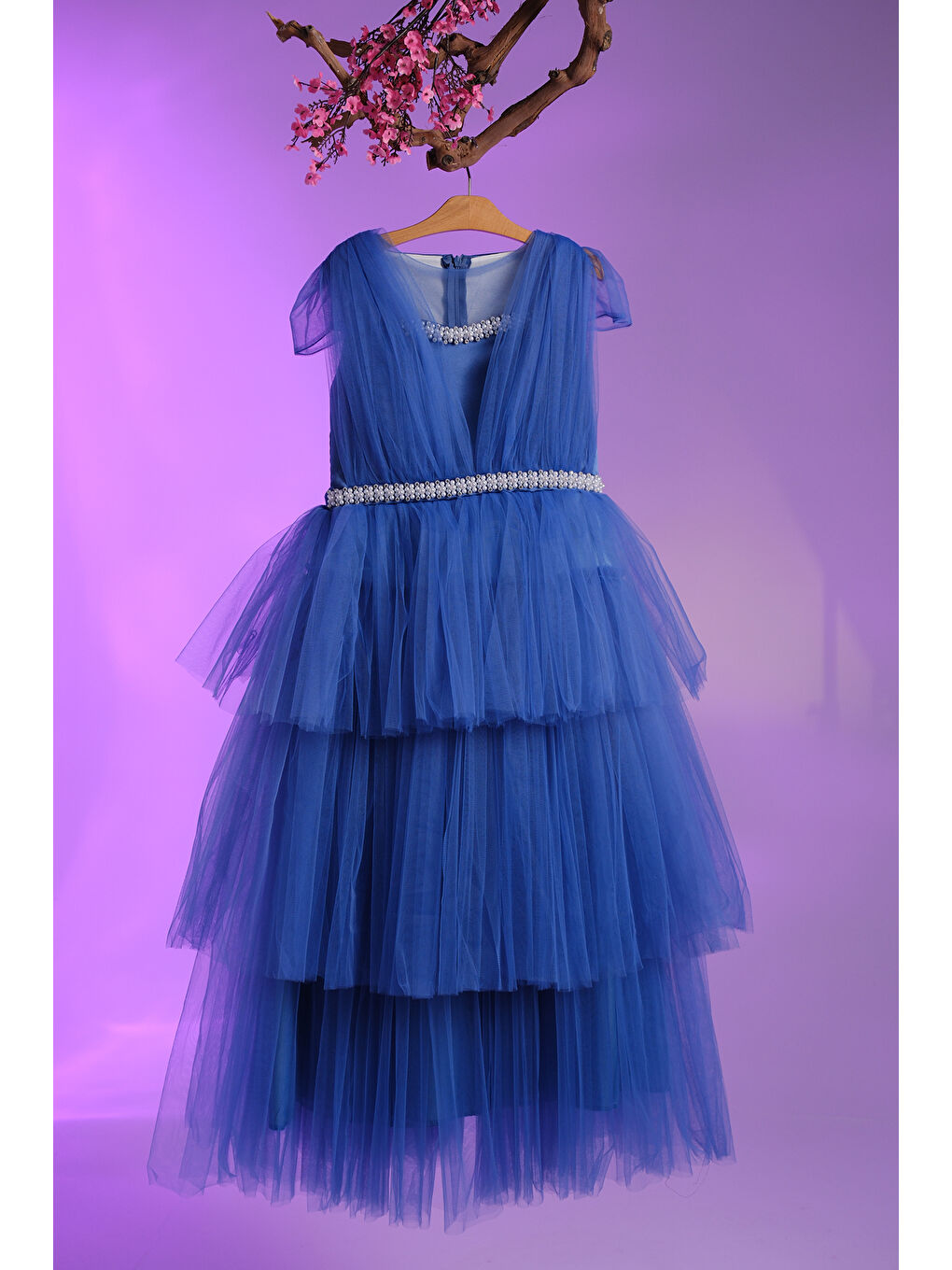 Turkuaz İncili Çizgi Detaylı V Yakalı  Kız Çocuk Abiye ABY.2216-3