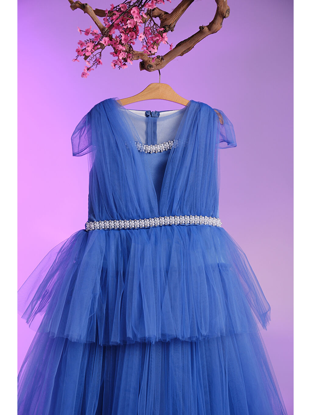 Turkuaz İncili Çizgi Detaylı V Yakalı  Kız Çocuk Abiye ABY.2216-4