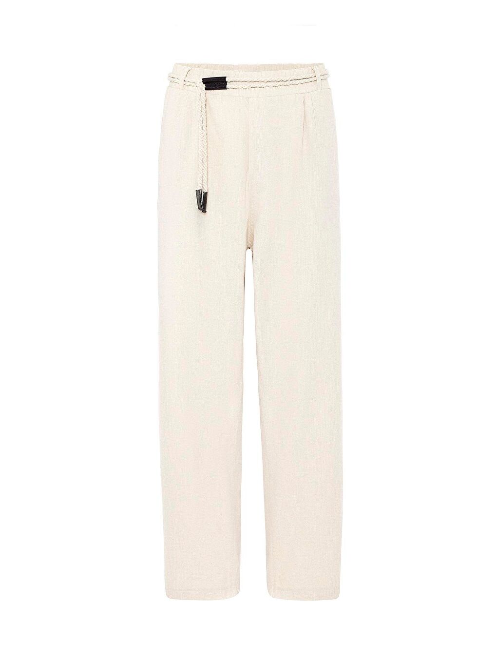 Bej Kemer Detaylı Oversize Keten Erkek Pantolon Naturel-1