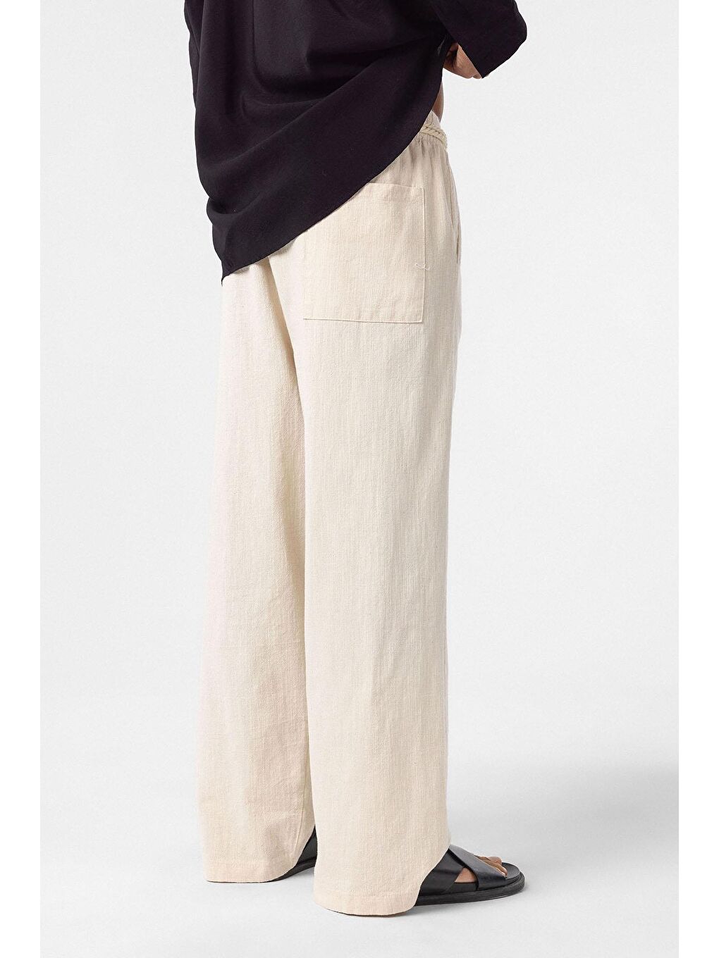 Bej Kemer Detaylı Oversize Keten Erkek Pantolon Naturel-3