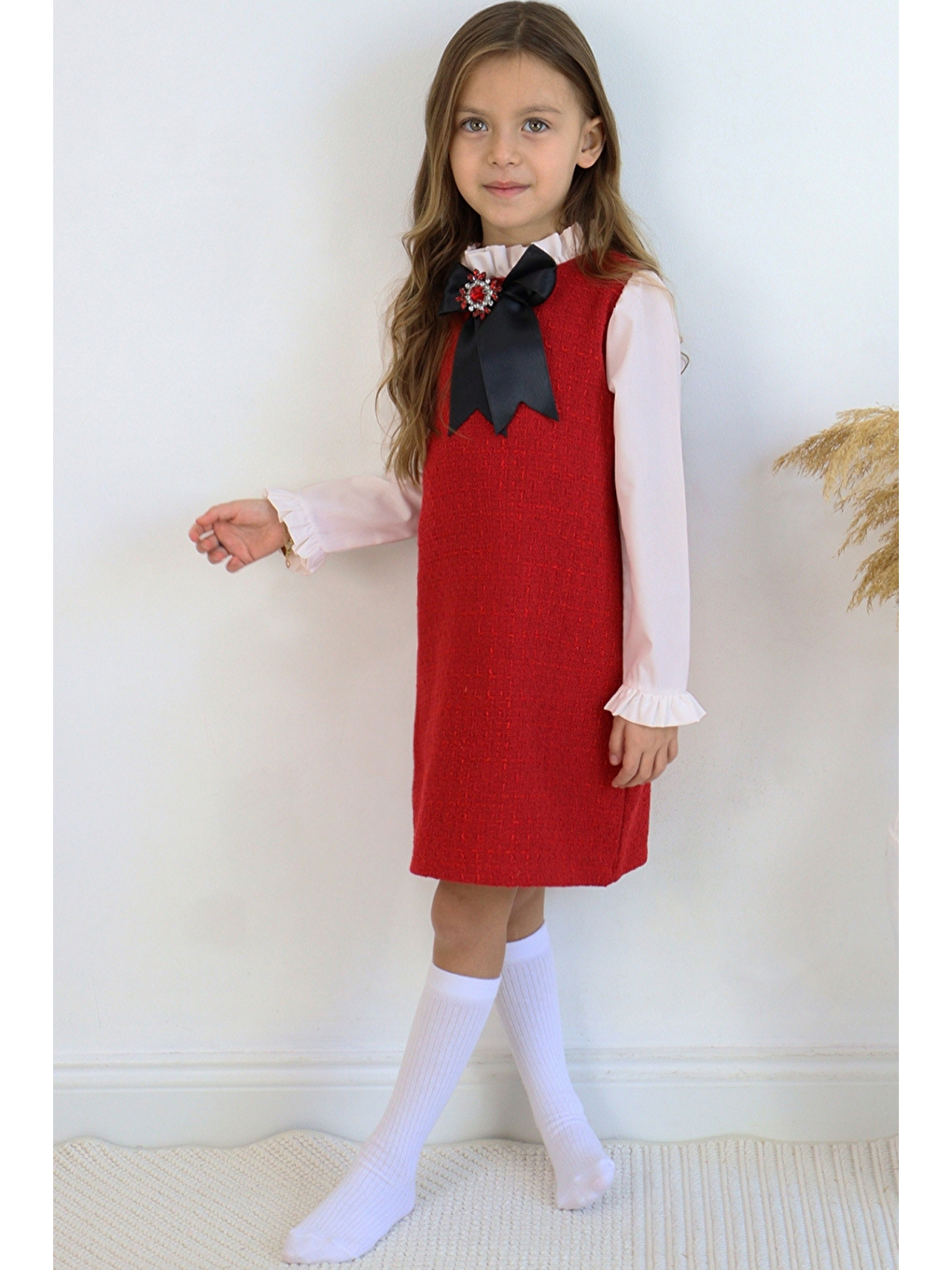Kız Çocuk Vanessa Broş Detaylı Tüvit Kırmızı Uzun Kollu Yılbaşı Elbisesi-1