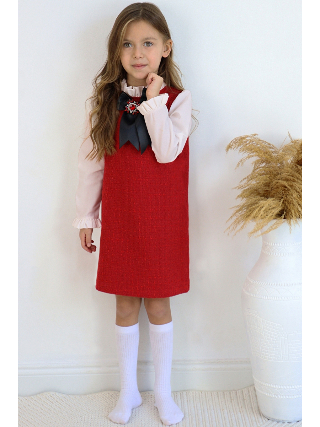 Kız Çocuk Vanessa Broş Detaylı Tüvit Kırmızı Uzun Kollu Yılbaşı Elbisesi-2