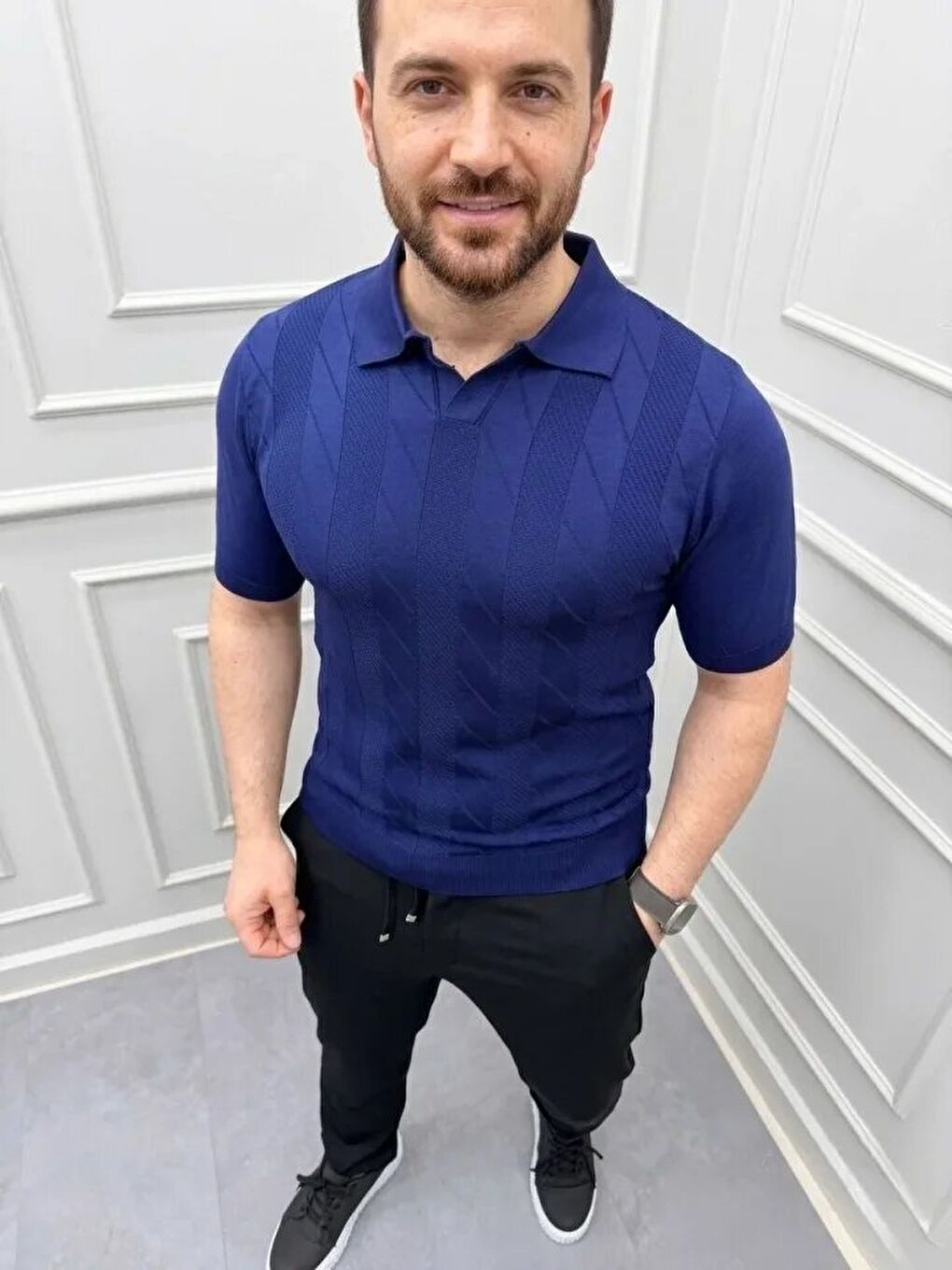 Lacivert Erkek Yazlık Triko Dokuma Tişört-1