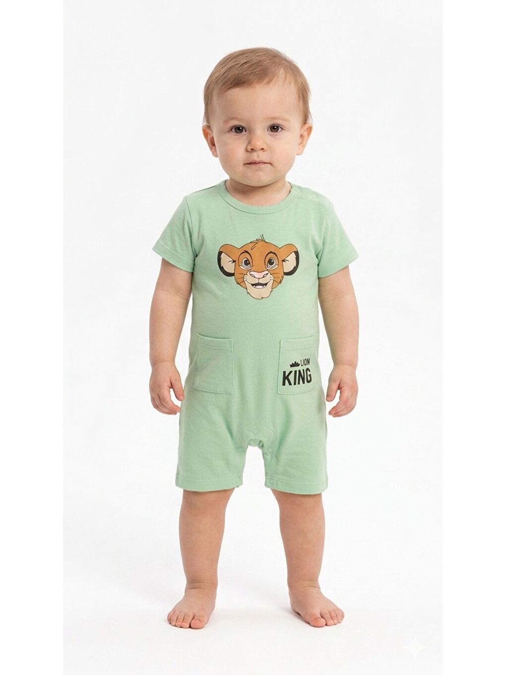 Yeşil Erkek Bebek Aslan Baskılı Tulum Yazlık Kısa Kol Pamuklu Şort Tulum 3-6-9-12 Ay