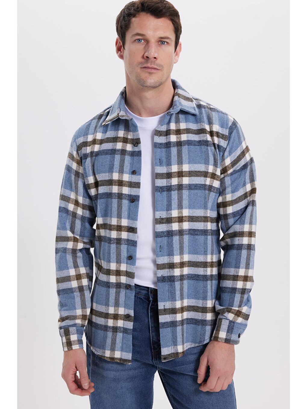 Mavi Erkek Slim Fit Dar Kesim Kareli Kışlık Oduncu Gömlek-6
