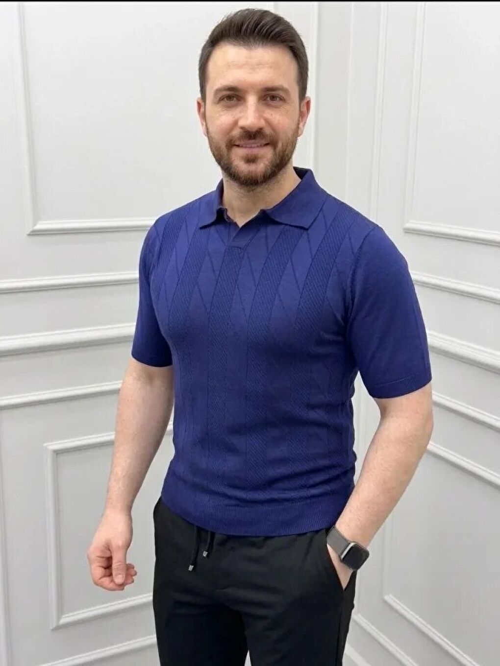 Lacivert Erkek Yazlık Triko Dokuma Tişört-2