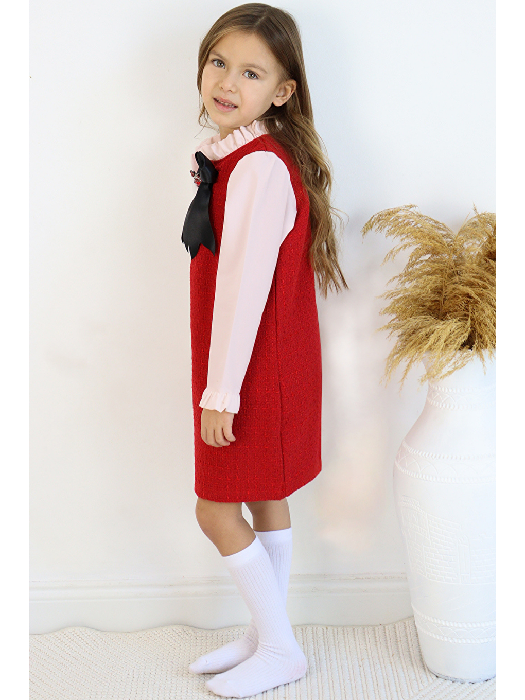 Kız Çocuk Vanessa Broş Detaylı Tüvit Kırmızı Uzun Kollu Yılbaşı Elbisesi-4