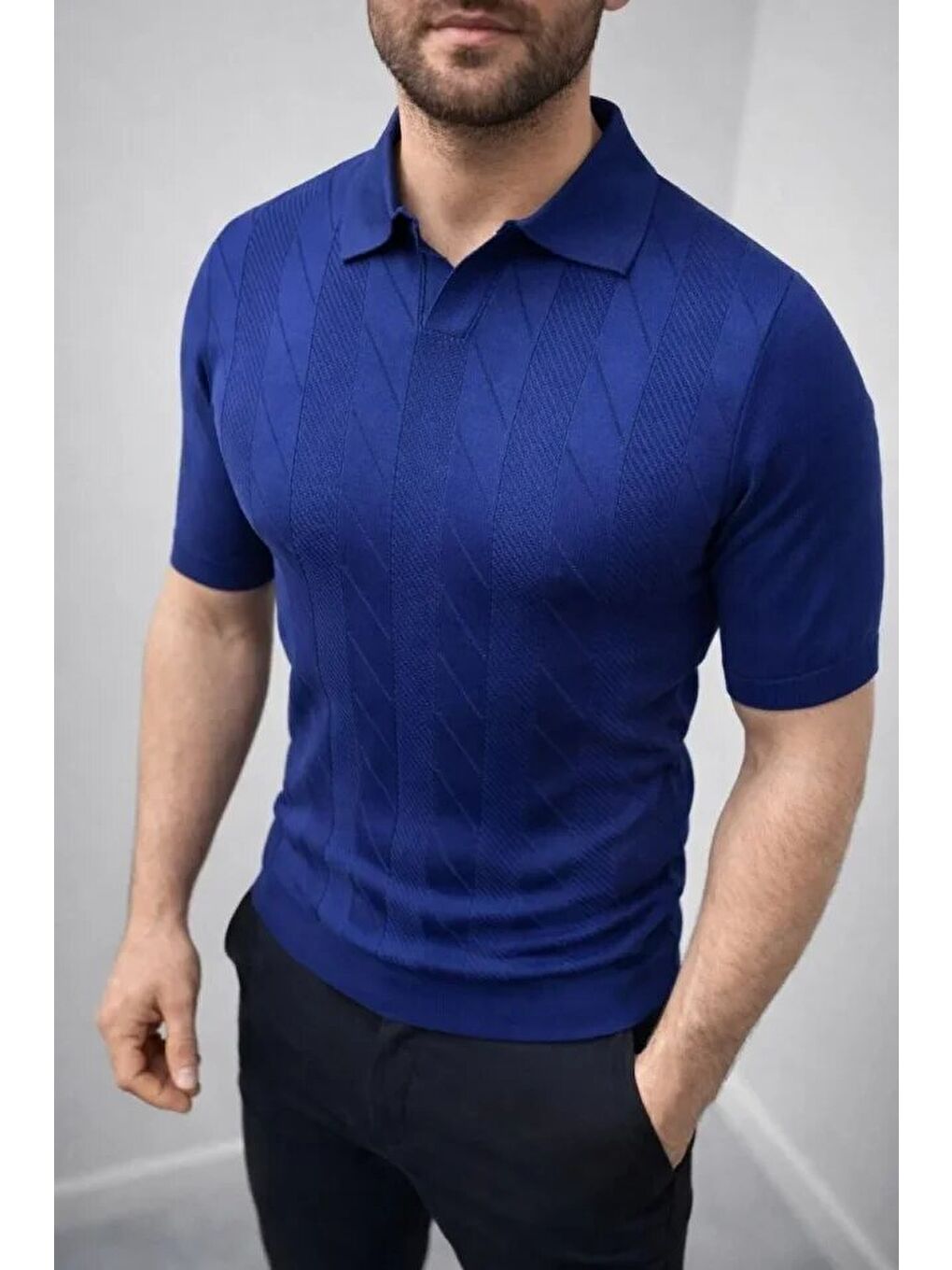 Lacivert Erkek Yazlık Triko Dokuma Tişört-3