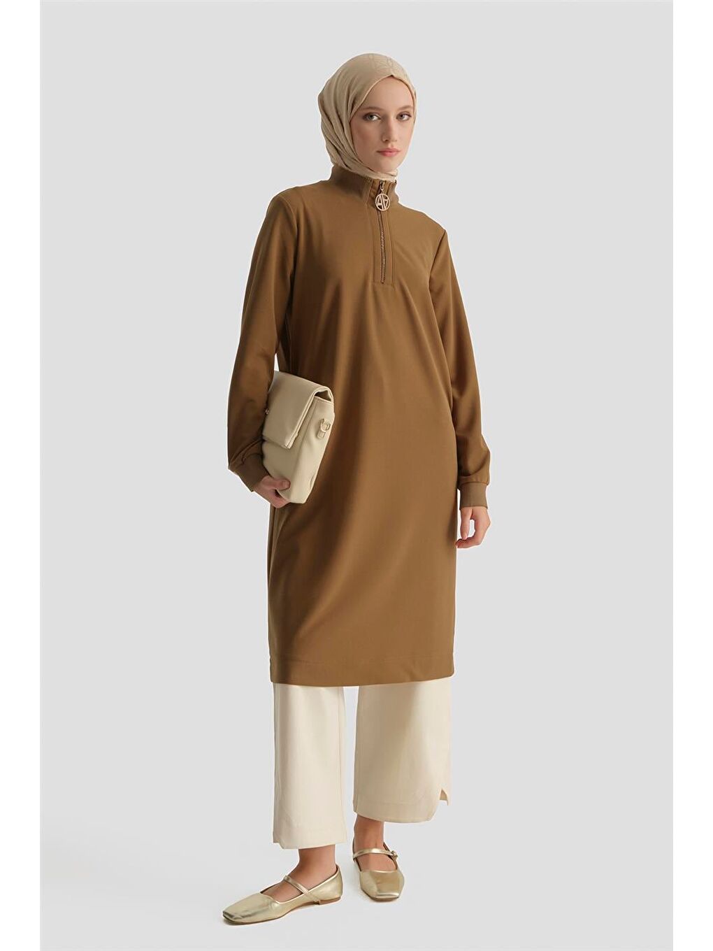 Kahverengi Fermuar Detaylı Basic Tunik Tarçin-2