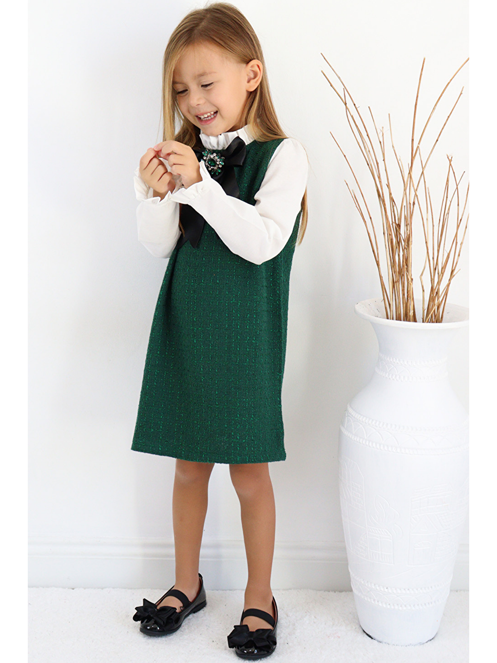Kız Çocuk Zümrüt Yeşil Vanessa Broş Detaylı Tüvit Uzun Kollu Yılbaşı Elbisesi-2
