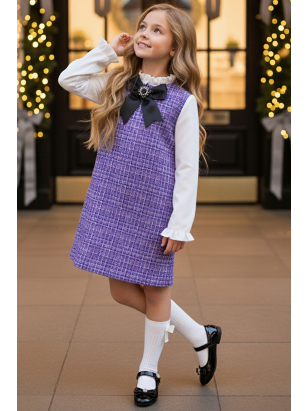 Kız Çocuk Lila Mor Vanessa Broş Detaylı Tüvit Uzun Kollu Yılbaşı Elbisesi-1