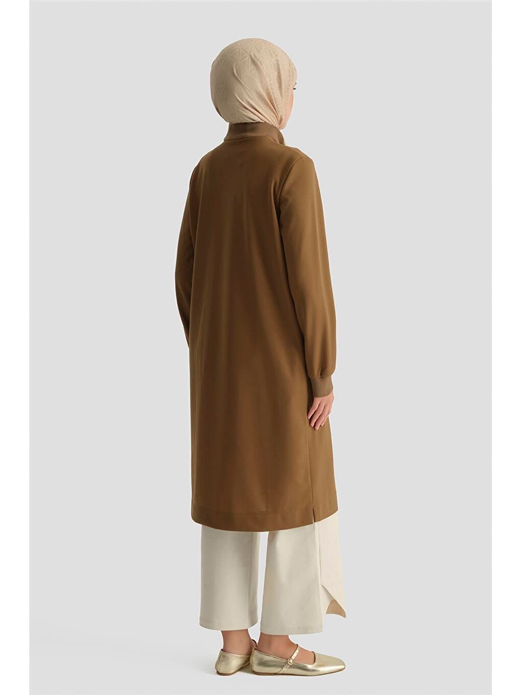 Kahverengi Fermuar Detaylı Basic Tunik Tarçin-4
