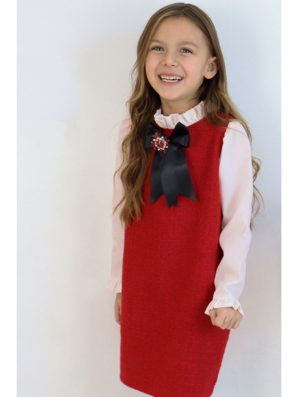 Kız Çocuk Vanessa Broş Detaylı Tüvit Kırmızı Uzun Kollu Yılbaşı Elbisesi-5