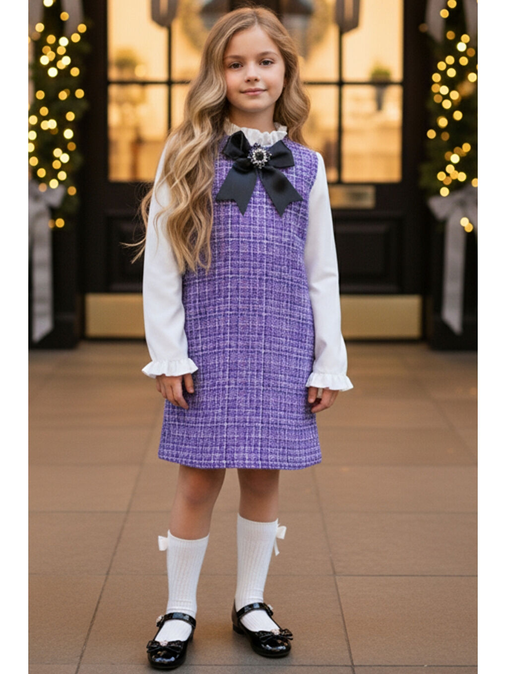 Kız Çocuk Lila Mor Vanessa Broş Detaylı Tüvit Uzun Kollu Yılbaşı Elbisesi-2