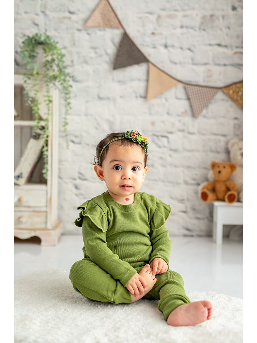 Haki Gots Sertifikalı %100 Organik Pamuk Fırfırlı Sweatshirt Ve Pantolon Takım (0-4Yaş)-1