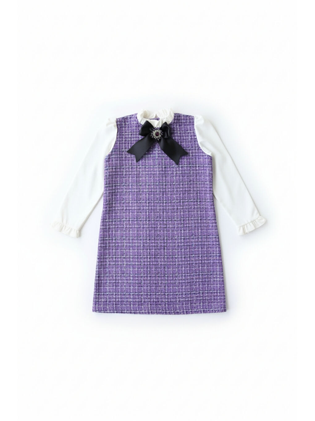 Kız Çocuk Lila Mor Vanessa Broş Detaylı Tüvit Uzun Kollu Yılbaşı Elbisesi-3