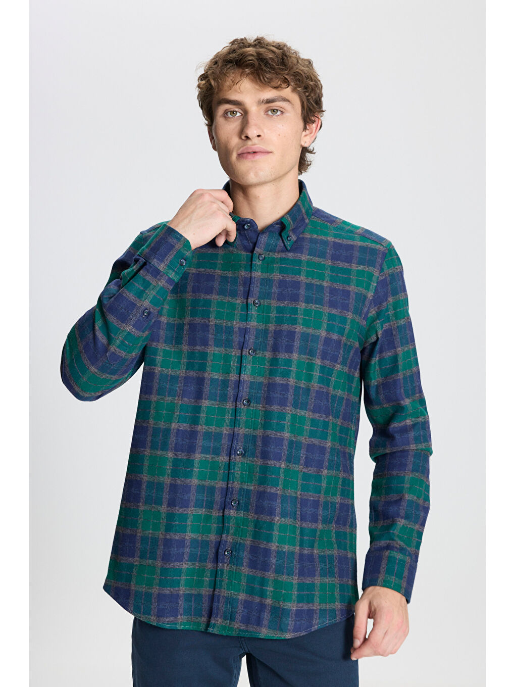 Erkek Yeşil-Lacivert Slim Fit Dar Kesim Düğmeli Yaka %100 Pamuk Ekose Desenli Flanel Oduncu Gömlek