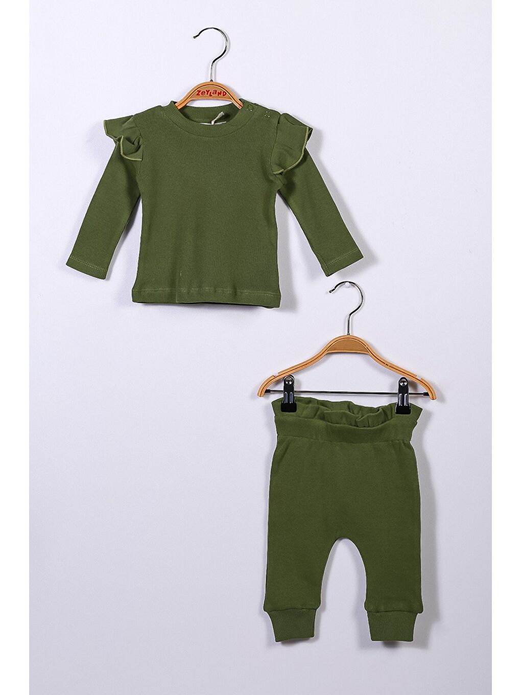 Haki Gots Sertifikalı %100 Organik Pamuk Fırfırlı Sweatshirt Ve Pantolon Takım (0-4Yaş)-3