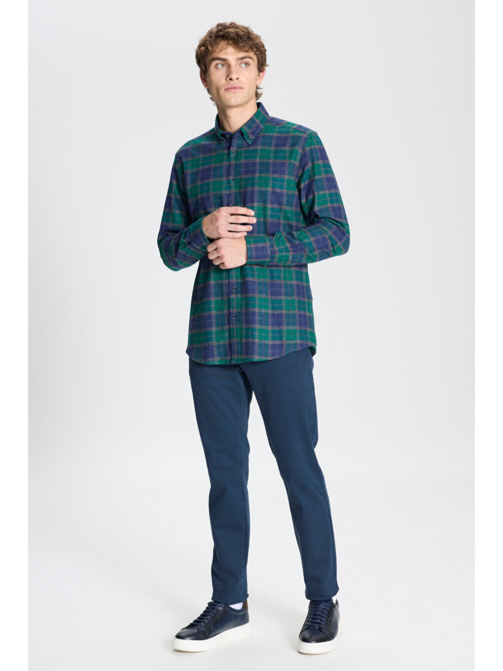 Erkek Yeşil-Lacivert Slim Fit Dar Kesim Düğmeli Yaka %100 Pamuk Ekose Desenli Flanel Oduncu Gömlek-1