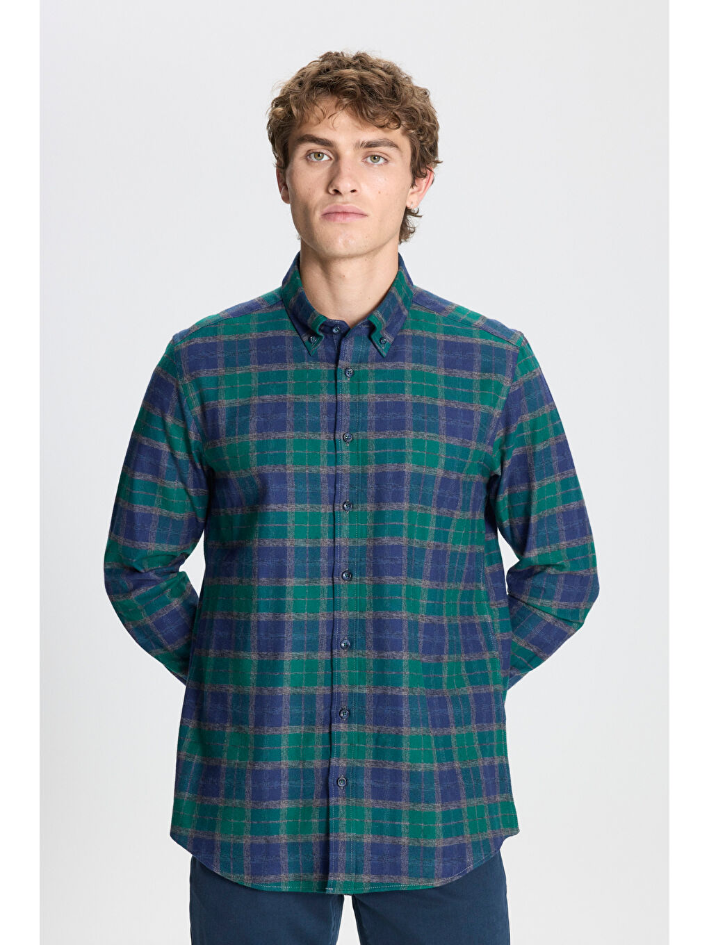 Erkek Yeşil-Lacivert Slim Fit Dar Kesim Düğmeli Yaka %100 Pamuk Ekose Desenli Flanel Oduncu Gömlek-2