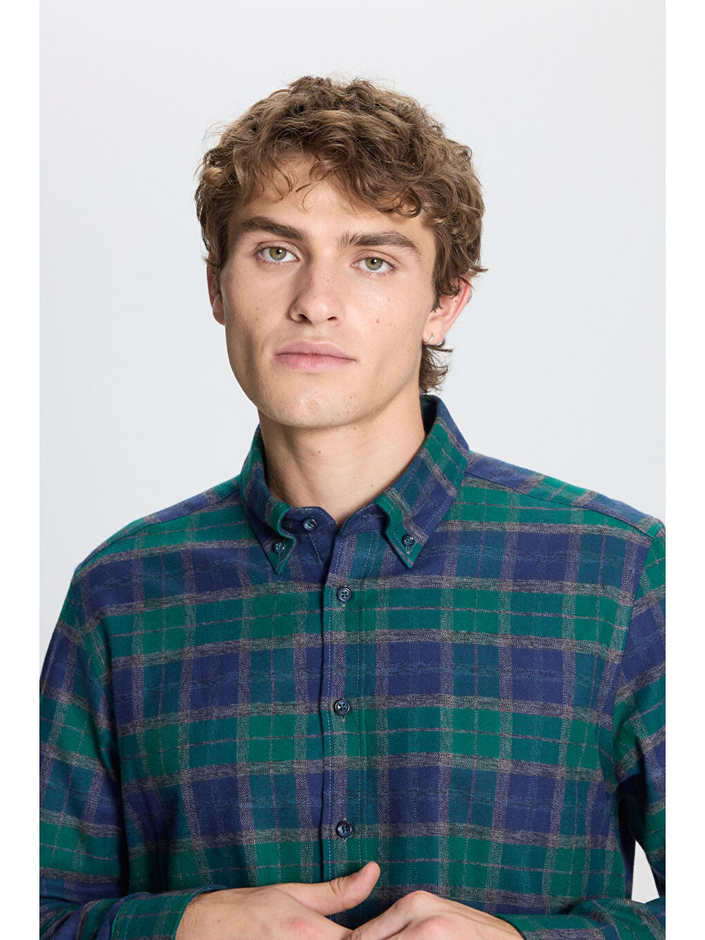 Erkek Yeşil-Lacivert Slim Fit Dar Kesim Düğmeli Yaka %100 Pamuk Ekose Desenli Flanel Oduncu Gömlek-3