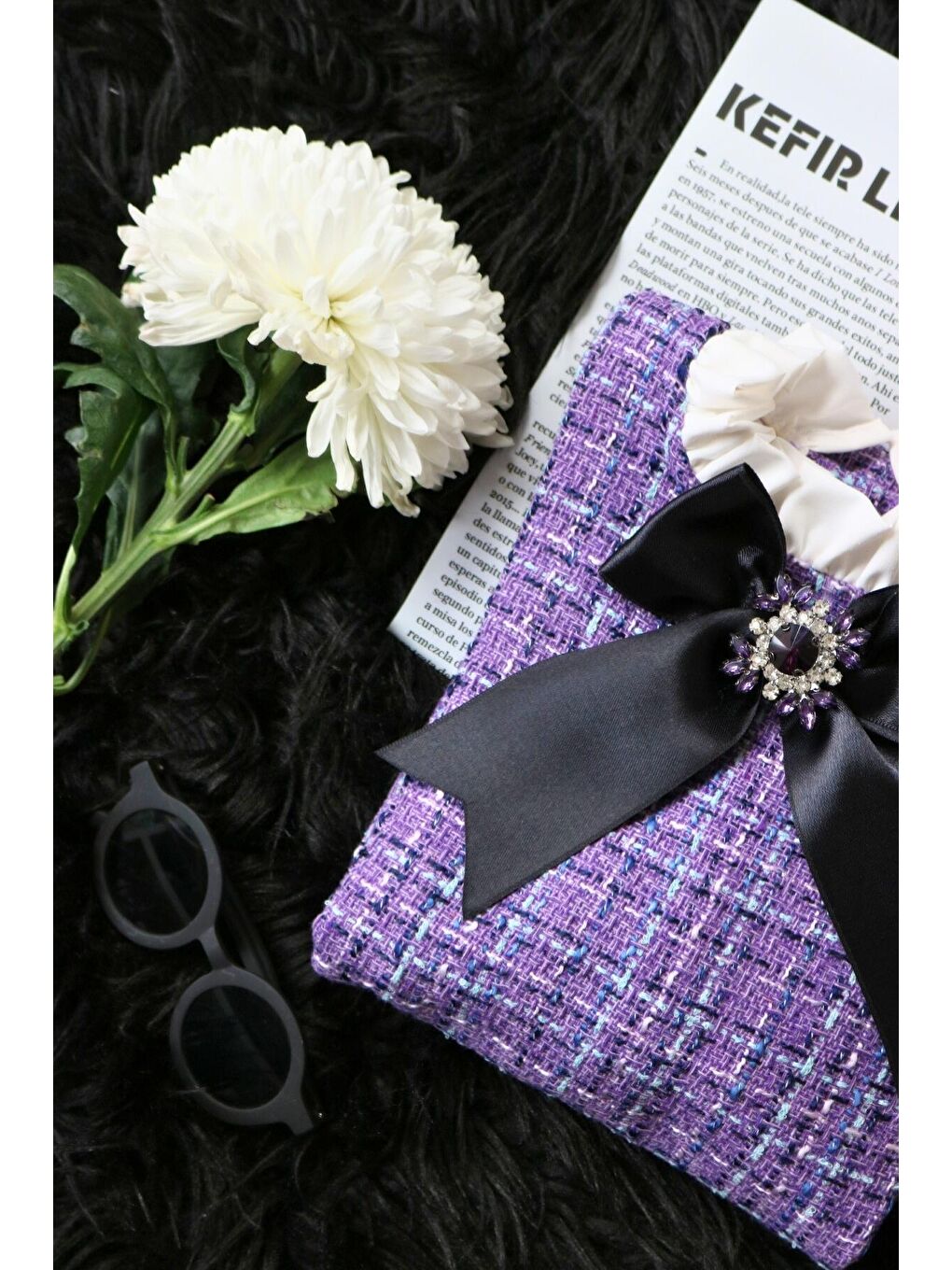 Kız Çocuk Lila Mor Vanessa Broş Detaylı Tüvit Uzun Kollu Yılbaşı Elbisesi-6