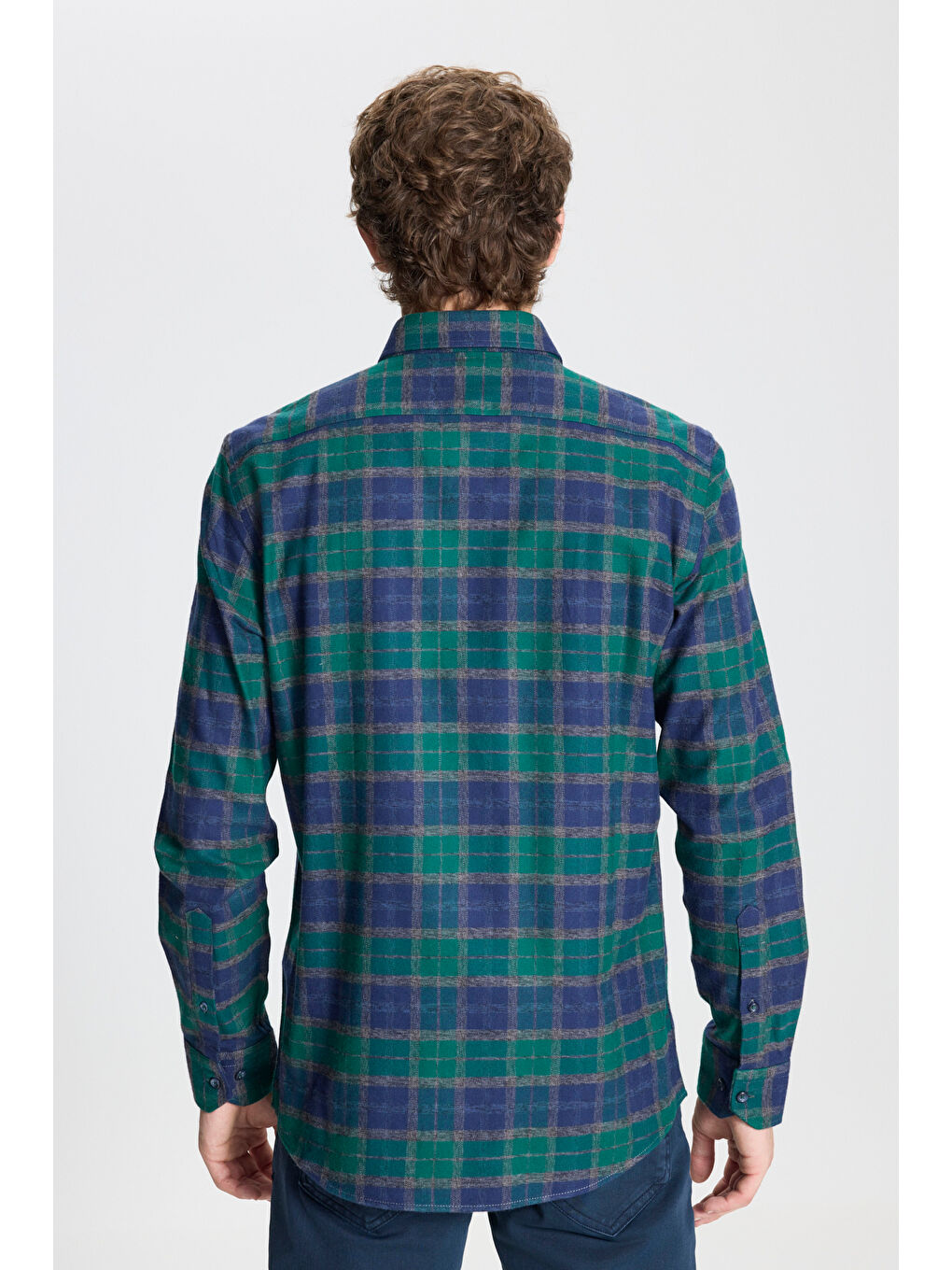 Erkek Yeşil-Lacivert Slim Fit Dar Kesim Düğmeli Yaka %100 Pamuk Ekose Desenli Flanel Oduncu Gömlek-4