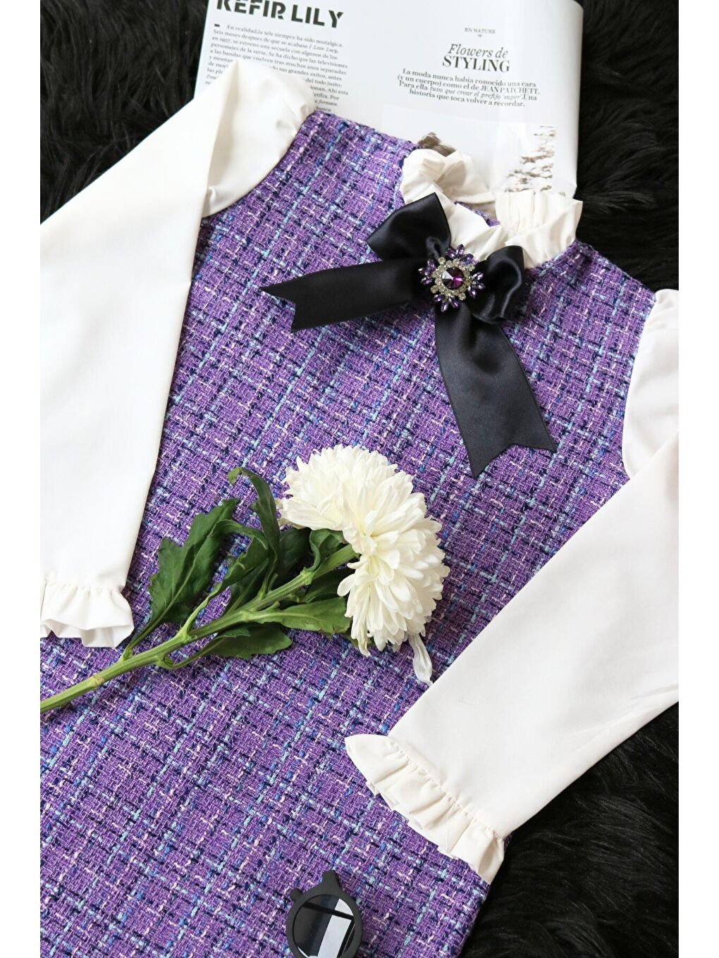 Kız Çocuk Lila Mor Vanessa Broş Detaylı Tüvit Uzun Kollu Yılbaşı Elbisesi-7