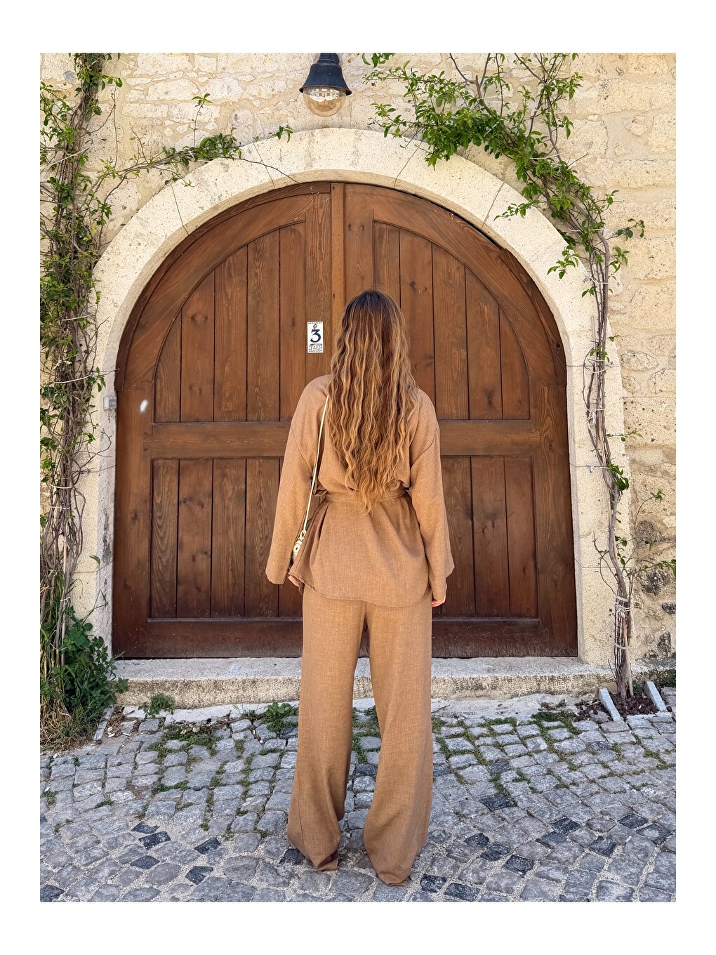 Kahverengi Sütlü Kahve Tek Düğmeli Kuşaklı Kimono Takım - 007-3