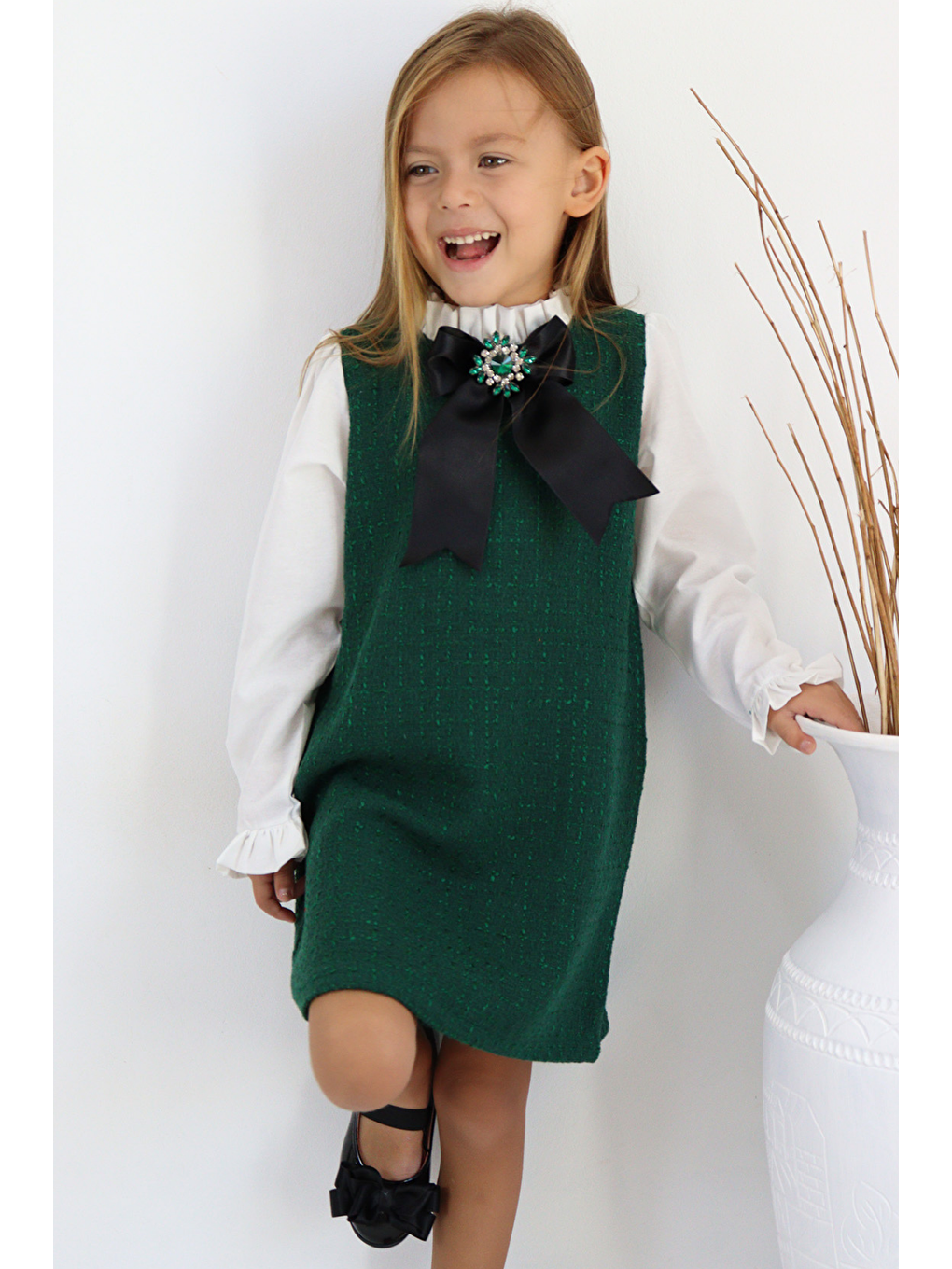Kız Çocuk Zümrüt Yeşil Vanessa Broş Detaylı Tüvit Uzun Kollu Yılbaşı Elbisesi-7