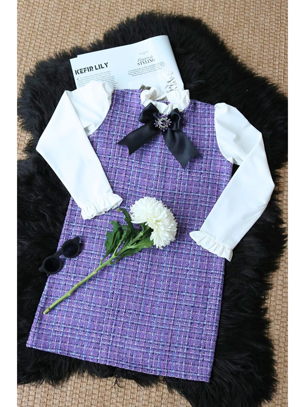 Kız Çocuk Lila Mor Vanessa Broş Detaylı Tüvit Uzun Kollu Yılbaşı Elbisesi-8