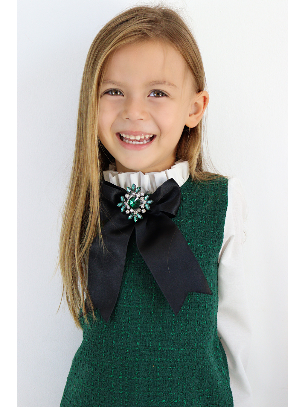 Kız Çocuk Zümrüt Yeşil Vanessa Broş Detaylı Tüvit Uzun Kollu Yılbaşı Elbisesi-8